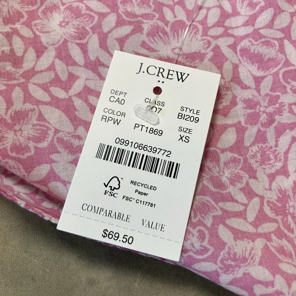 J Crew Shirt Womens Sz XS Pink Puff Sleeve Floral Print V-Neck‎ Top